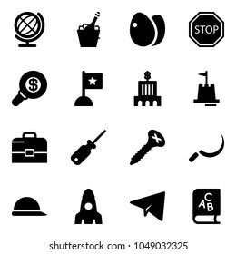 Solid vector icon set - globe vector, champagne, eggs, stop road sign, search money, flag, bank building, sand castle, case, screwdriver, screw, sickle, construction helmet, rocket, paper plane