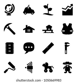 Solid vector icon set - globe vector, electric car, sproute, growth, rock axe, home, bungalow, life vest, chip, chat, level, paint roller, allen key set, wheel horse, doll