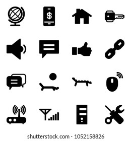 Solid vector icon set - globe vector, mobile payment, home, key, low volume, chat, like, link, dialog, lounger, mouse wireless, wi fi router, fine signal, server, wrench screwdriver
