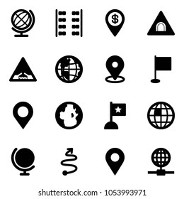Solid vector icon set - globe vector, plane seats, dollar pin, tunnel road sign, drawbridge, map, flag, trip, navigation