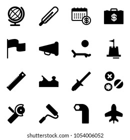 Solid vector icon set - globe vector, thermometer, calendar, money case, flag, speaker horn, lounger, sand castle, ruler, jointer, clinch, rivet, Angular grinder, paint roller, allen key, toy plane