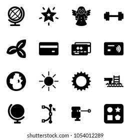 Solid vector icon set - globe vector, christmas star, angel, barbell, three leafs, credit card, tap pay, sun, pool, bezier, laser lever, cube hole toy