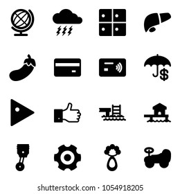 Solid vector icon set - globe vector, storm, baggage room, liver, eggplant, credit card, tap pay, play, finger up, pool, bungalow, piston, gear, beanbag, baby car