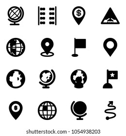 Solid vector icon set - globe vector, plane seats, dollar pin, drawbridge road sign, map, flag, man, atm, trip
