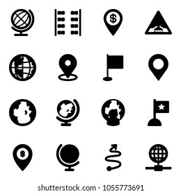 Solid vector icon set - globe vector, plane seats, dollar pin, drawbridge road sign, map, flag, man, atm, trip