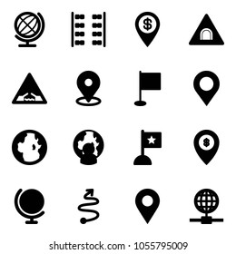 Solid vector icon set - globe vector, plane seats, dollar pin, tunnel road sign, drawbridge, map, flag, man, atm, trip, navigation