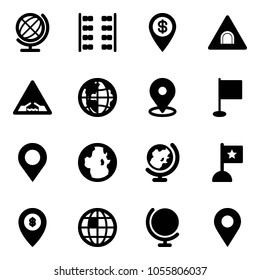 Solid vector icon set - globe vector, plane seats, dollar pin, tunnel road sign, drawbridge, map, flag, atm, navigation