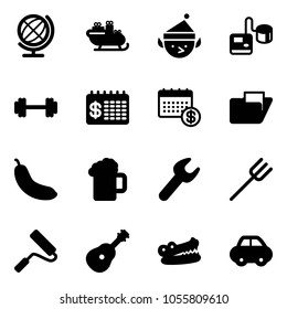 Solid vector icon set - globe vector, santa sleigh, christmas elf, tonometer, barbell, finance calendar, folder, banana, beer, wrench, farm fork, paint roller, guitar, crocodile, car