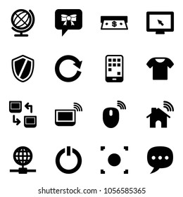 Solid vector icon set - globe vector, bow message, cash, monitor cursor, shield, reload, mobile, t shirt, data exchange, notebook wi fi, mouse wireless, home, standby button, record, chat