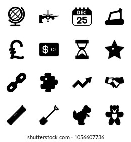 Solid vector icon set - globe vector, boarding passengers, 25 dec calendar, treadmill, pound, credit card, sand clock, star, link, puzzle, growth arrow, agreement, level, shovel, dinosaur toy, bear