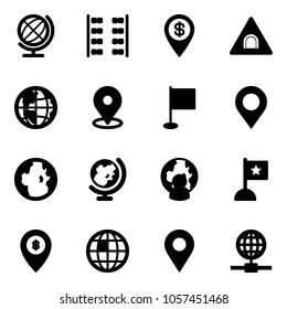 Solid vector icon set - globe vector, plane seats, dollar pin, tunnel road sign, map, flag, man, atm, navigation