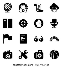 Solid vector icon set - globe vector, christmas wreath, account history, refresh cloud, pause, target, office chair, flag, document, sunglasses, rainbow, camera, wrench screwdriver, basketball