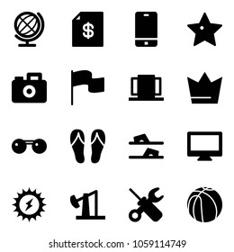 Solid vector icon set - globe vector, account statement, phone, star, camera, flag, doors, crown, sunglasses, flip flops, monitor, sun power, oil derrick, wrench screwdriver, basketball