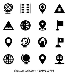 Solid vector icon set - globe vector, plane seats, dollar pin, tunnel road sign, drawbridge, map, flag, man, navigation