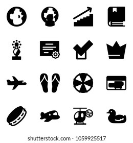 Solid vector icon set - globe vector, man, growth, book, award, certificate, check, crown, plane, flip flops, parasol, generator, tambourine, toy, helicopter, duck