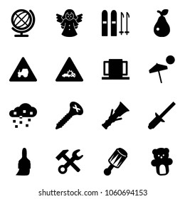 Solid vector icon set - globe vector, angel, ski, pear, tractor way road sign, car crash, doors, beach, snow, screw, dowel, clinch, brush, wrench hammer, beanbag, bear toy