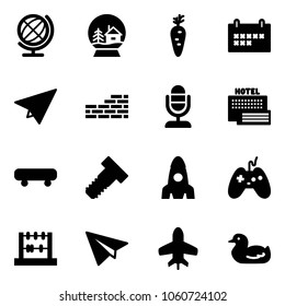 Solid vector icon set - globe vector, snowball house, carrot, schedule, paper plane, brick wall, microphone, sea hotel, skateboard, bolt, rocket, joystick, abacus, toy, duck