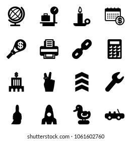 Solid vector icon set - globe vector, baggage scales, candle, calendar, money torch, printer, link, calculator, bank building, victory, chevron, wrench, brush, rocket, toy duck, car
