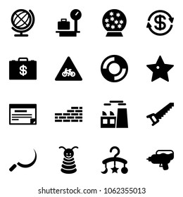 Solid vector icon set - globe vector, baggage scales, snowball, dollar exchange, money case, road for moto sign, lifebuoy, star, schedule, brick wall, plant, saw, sickle, pyramid toy, baby carousel