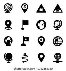 Solid vector icon set - globe vector, dollar pin, tunnel road sign, drawbridge, map, flag, man, atm, trip, navigation