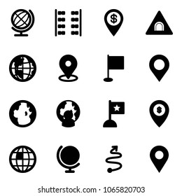 Solid vector icon set - globe vector, plane seats, dollar pin, tunnel road sign, map, flag, man, atm, trip, navigation