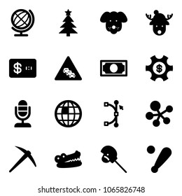 Solid vector icon set - globe vector, christmas tree, dog, deer hat, credit card, multi lane traffic road sign, money, managemet, microphone, bezier, molecule, axe, crocodile, horse stick toy