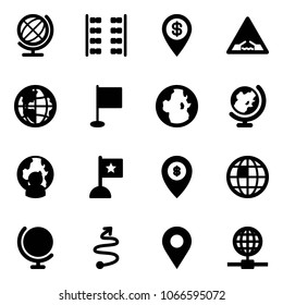 Solid vector icon set - globe vector, plane seats, dollar pin, drawbridge road sign, flag, man, atm map, trip, navigation