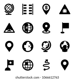 Solid vector icon set - globe vector, plane seats, dollar pin, tunnel road sign, drawbridge, map, flag, man, trip, navigation