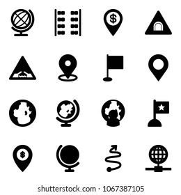 Solid vector icon set - globe vector, plane seats, dollar pin, tunnel road sign, drawbridge, map, flag, man, atm, trip