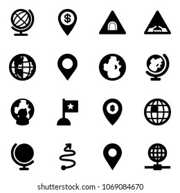 Solid vector icon set - globe vector, dollar pin, tunnel road sign, drawbridge, map, man, flag, atm, trip, navigation