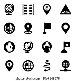 Solid vector icon set - globe vector, plane seats, dollar pin, drawbridge road sign, map, flag, man, atm, trip