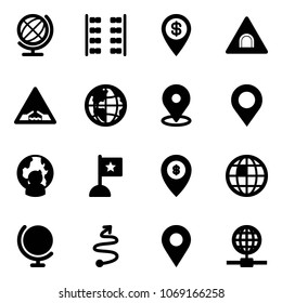 Solid vector icon set - globe vector, plane seats, dollar pin, tunnel road sign, drawbridge, map, man, flag, atm, trip, navigation