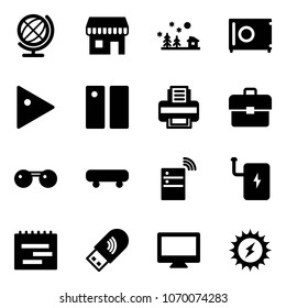 Solid vector icon set - globe vector, duty free, christmas landscape, safe, play, pause, printer, portfolio, sunglasses, skateboard, server wireless, power bank, terms plan, usb wi fi, monitor, sun
