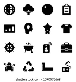 Solid vector icon set - globe vector, upload cloud, record, clipboard, statistics, head bulb, star medal, t shirt, hand wheel, grill, identity card, case, robot, recycling, corner ruler, welding