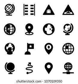 Solid vector icon set - globe vector, plane seats, tunnel road sign, drawbridge, map pin, man, flag, atm, trip, navigation