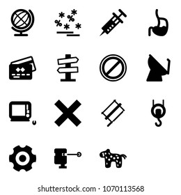 Solid vector icon set - globe vector, christmas sale, syringe, stomach, credit card, road signpost sign, no parking, satellite antenna, monoblock pc, delete, bucksaw, winch, gear, laser lever