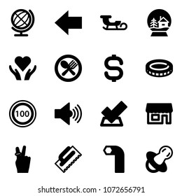 Solid vector icon set - globe vector, left arrow, sleigh, snowball house, heart care, fork spoon plate, dollar sign, coin, speed limit 100 road, volume max, check, store, victory, trowel, allen key