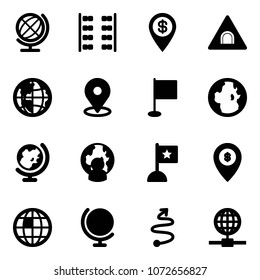Solid vector icon set - globe vector, plane seats, dollar pin, tunnel road sign, map, flag, man, atm, trip