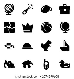 Solid vector icon set - globe vector, champagne, lemon, portfolio, puzzle, crown, ball, jack, construction helmet, dinosaur toy, sailboat, excavator, elephant wheel, phone, duck