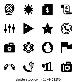 Solid vector icon set - globe vector, sun, account statement, history, settings, play, star, phone horn, camera, gear, flag, rainbow, oil derrick