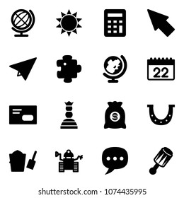 Solid vector icon set - globe vector, sun, calculator, cursor, paper plane, puzzle, calendar, envelope, chess queen, money bag, luck, bucket scoop, robot, chat, beanbag