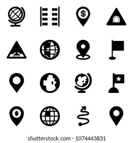 Solid vector icon set - globe vector, plane seats, dollar pin, tunnel road sign, drawbridge, map, flag, atm, trip, navigation