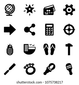 Solid vector icon set - globe vector, christmas star, credit card, gear, right arrow, share, calculator, target, pineapple, hotel, flip flops, hammer, rasp, beanbag