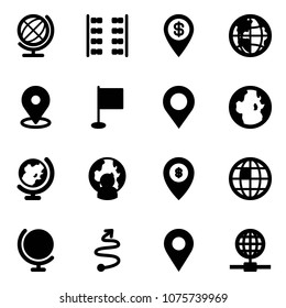 Solid vector icon set - globe vector, plane seats, dollar pin, map, flag, man, atm, trip, navigation