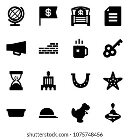 Solid vector icon set - globe vector, dollar flag, money chest, document, loudspeaker, brick wall, green tea, key, sand clock, bank building, luck, starfish, basin, construction helmet, dinosaur toy