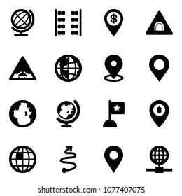 Solid vector icon set - globe vector, plane seats, dollar pin, tunnel road sign, drawbridge, map, flag, atm, trip, navigation