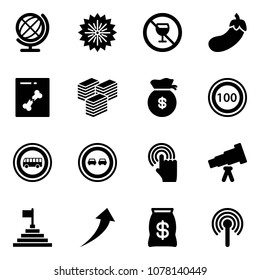 Solid vector icon set - globe vector, firework, no alcohol sign, eggplant, x ray, big cash, money bag, speed limit 100 road, bus, overtake, hand cursor, telescope, pyramid flag, growth, antenna