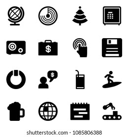 Solid vector icon set - globe vector, radar, christmas tree, safe, money case, hand cursor, save, standby, dialog, drink, surfing, beer, terms plan, conveyor