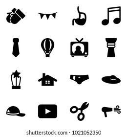 Solid vector icon set - gloves vector, flag garland, stomach, music, tie, air balloon, tv news, award, home, swimsuit, woman hat, cap, playback, scissors, dryer