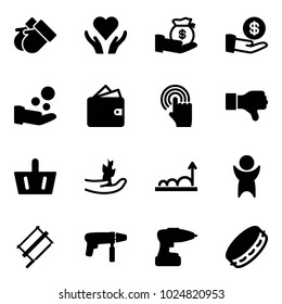 Solid vector icon set - gloves vector, heart care, investment, cash pay, wallet, hand cursor, dislike, basket, sproute, growth, success, bucksaw, drill machine, tambourine